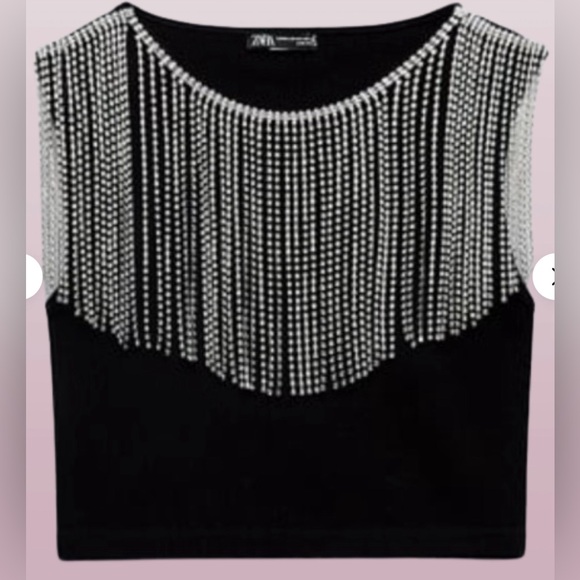 ZARA fringed seamless rhinestone black crop top size extra small/small - Picture 6 of 14
